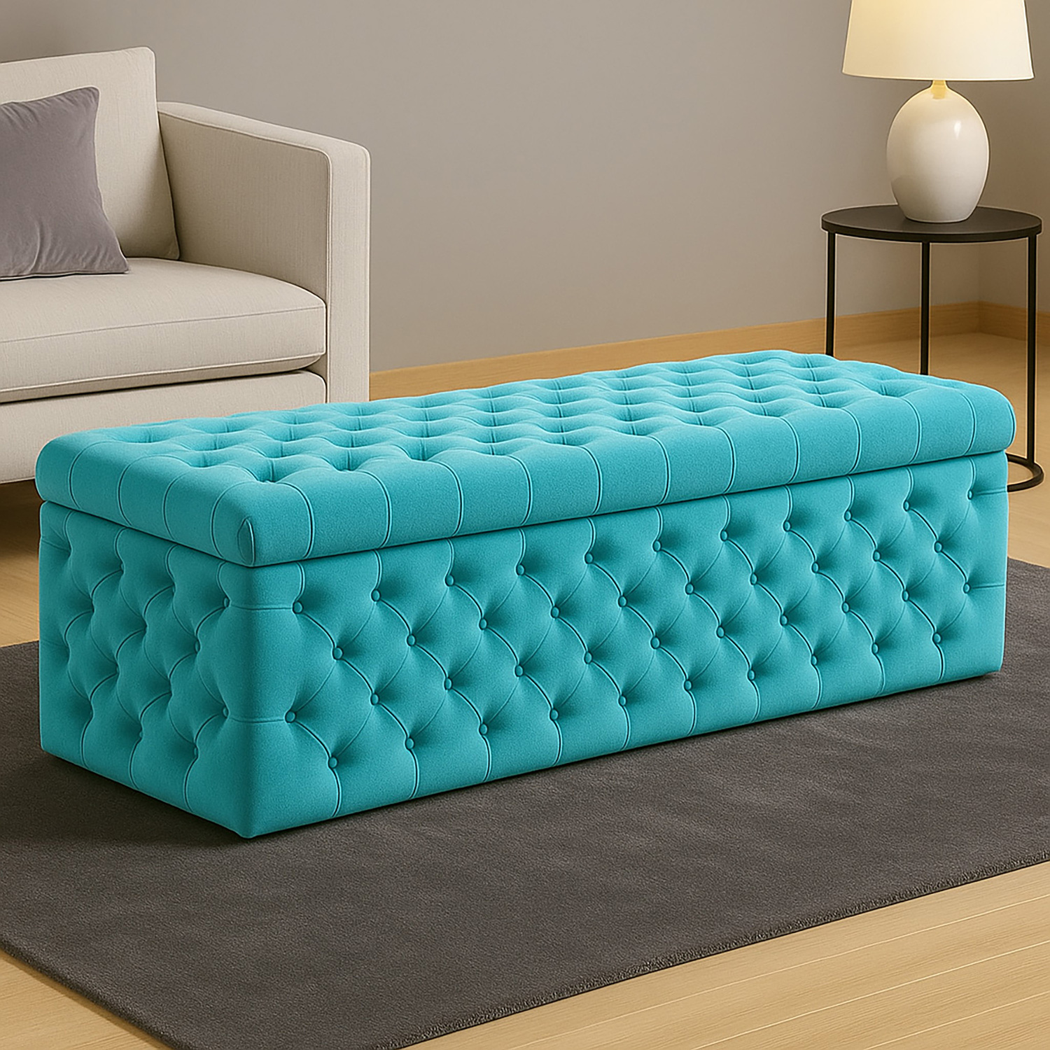 R&M Furnishers Wide Lux Ottoman Storage Box, Red Velvet Upholstered Chesterfield Storage Ottoman Box - Teal Plush Velvet
