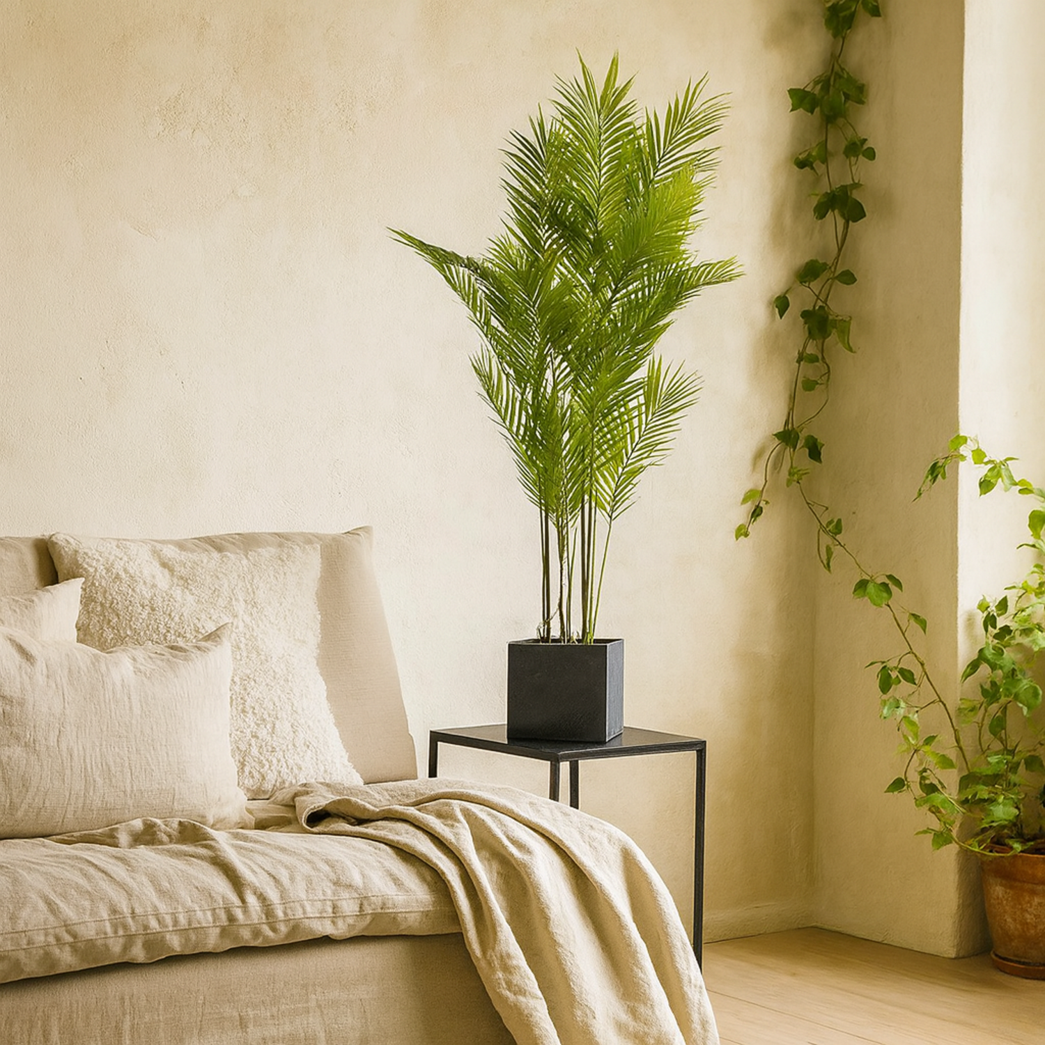 Large Artificial Paradise Palm in Dark Stone Effect Square Planter - Green