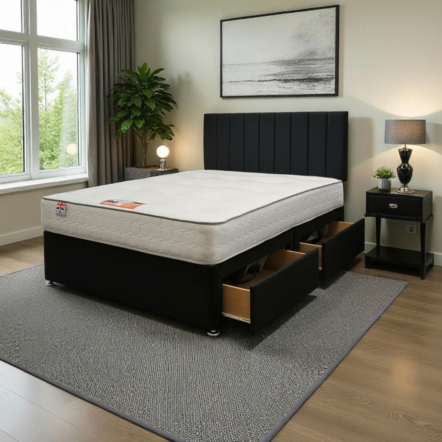 Paris Plush Bed Set With Mattress 2 Drawers Same Side 24 Headboard - Black Superking
