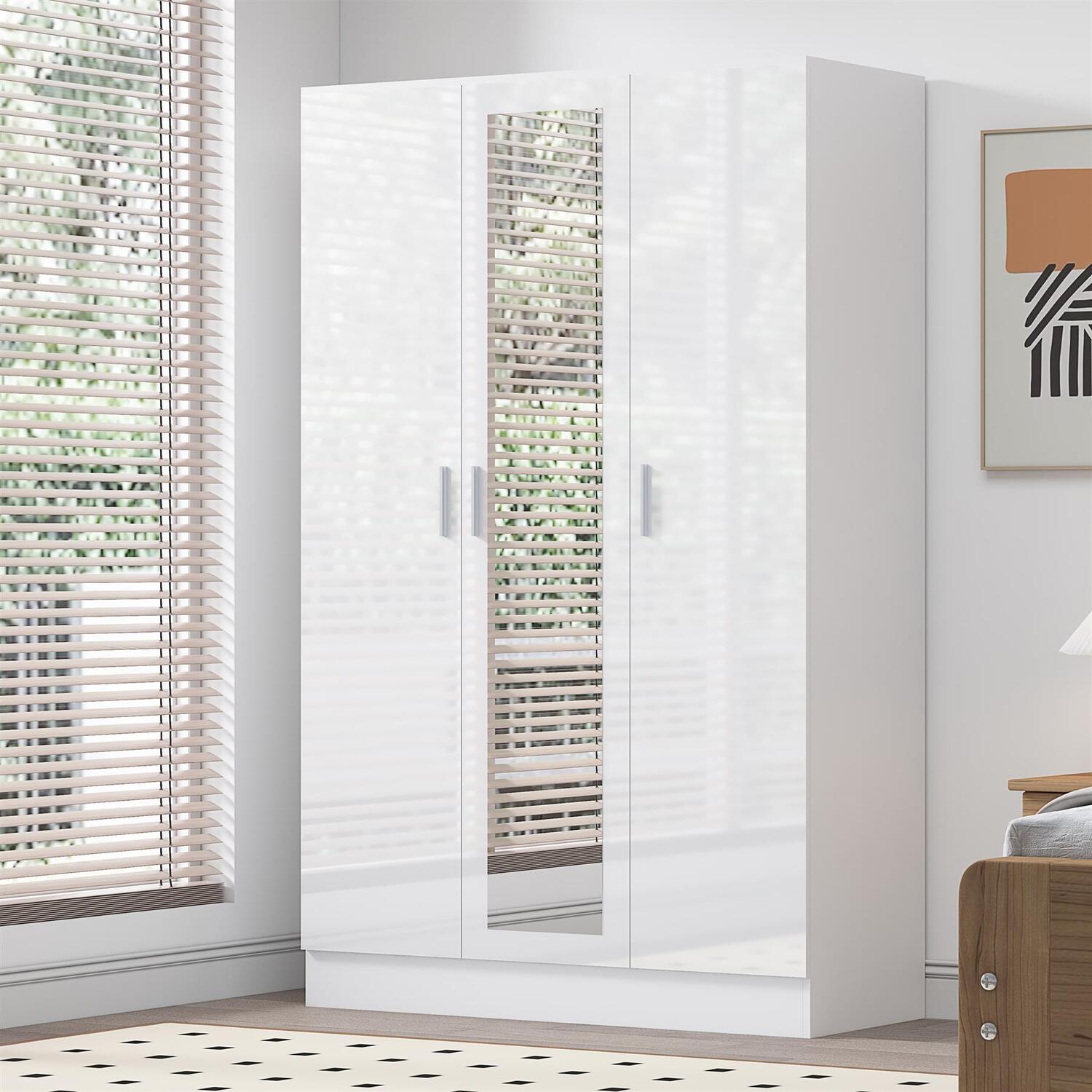 REFLECT 3 Door Mirror Wardrobe - White Gloss Fronts / White Matt Carcass - Image 6