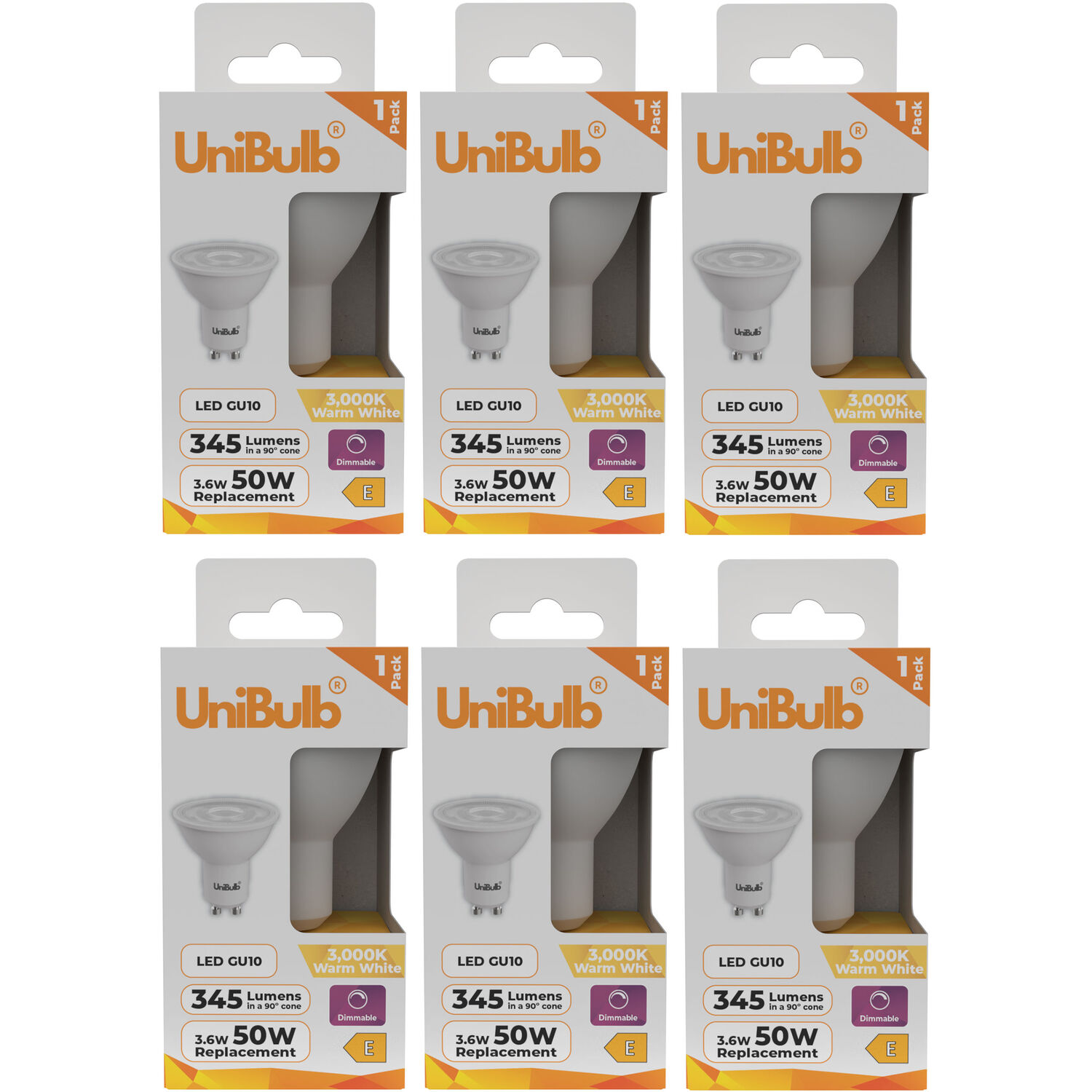 UniBulb LED GU10 345lm 3.6W (Replaces 50W) 3000K (Warm White) Spotlight Downlight Light Bulb - Warm White