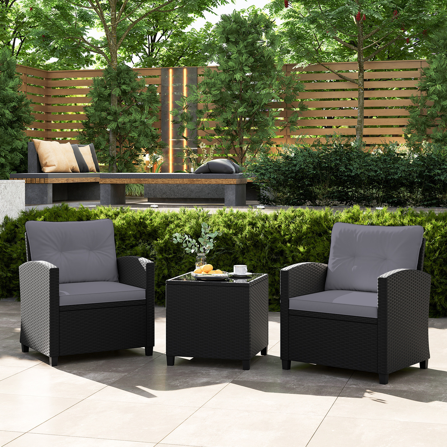 3 Piece Rattan Conversation Set - Grey