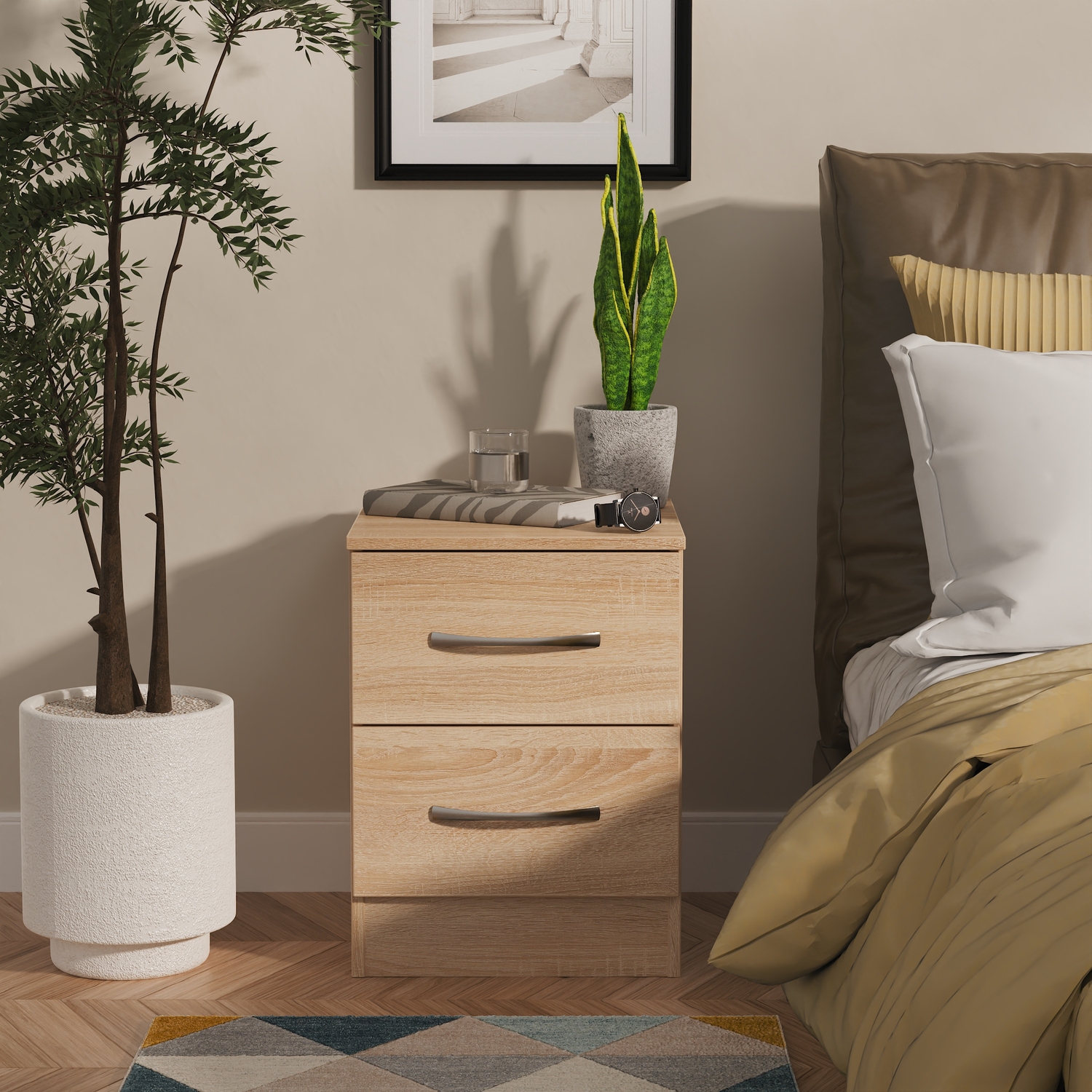 Avon Ready Assembled 2 Drawer Bedside Cabinet - Bardolino Oak