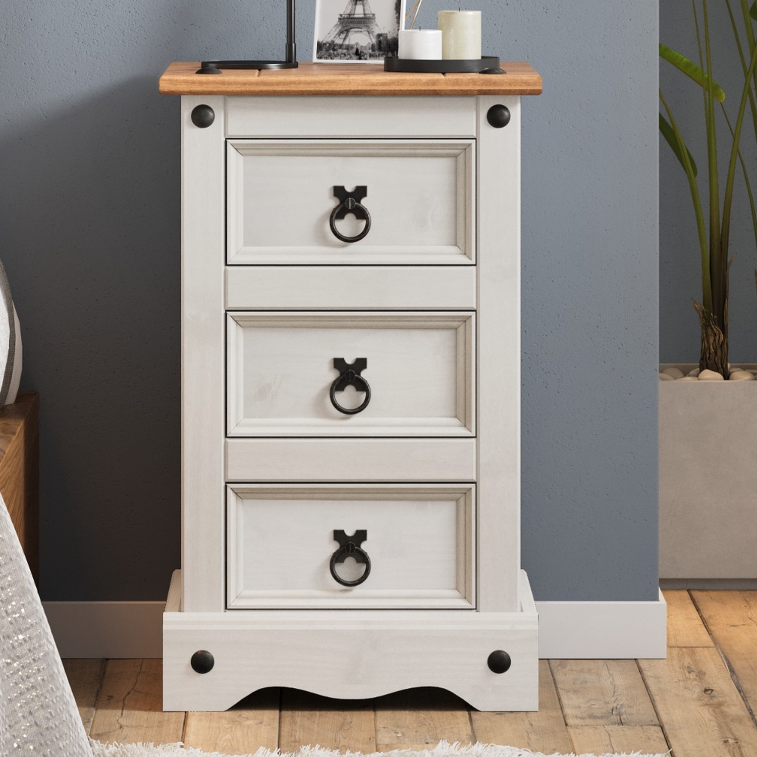 Corona 3 Drawer Bedside Cabinet Narrow Solid Wood Pine Wooden Bedroom - Distressed White Wax