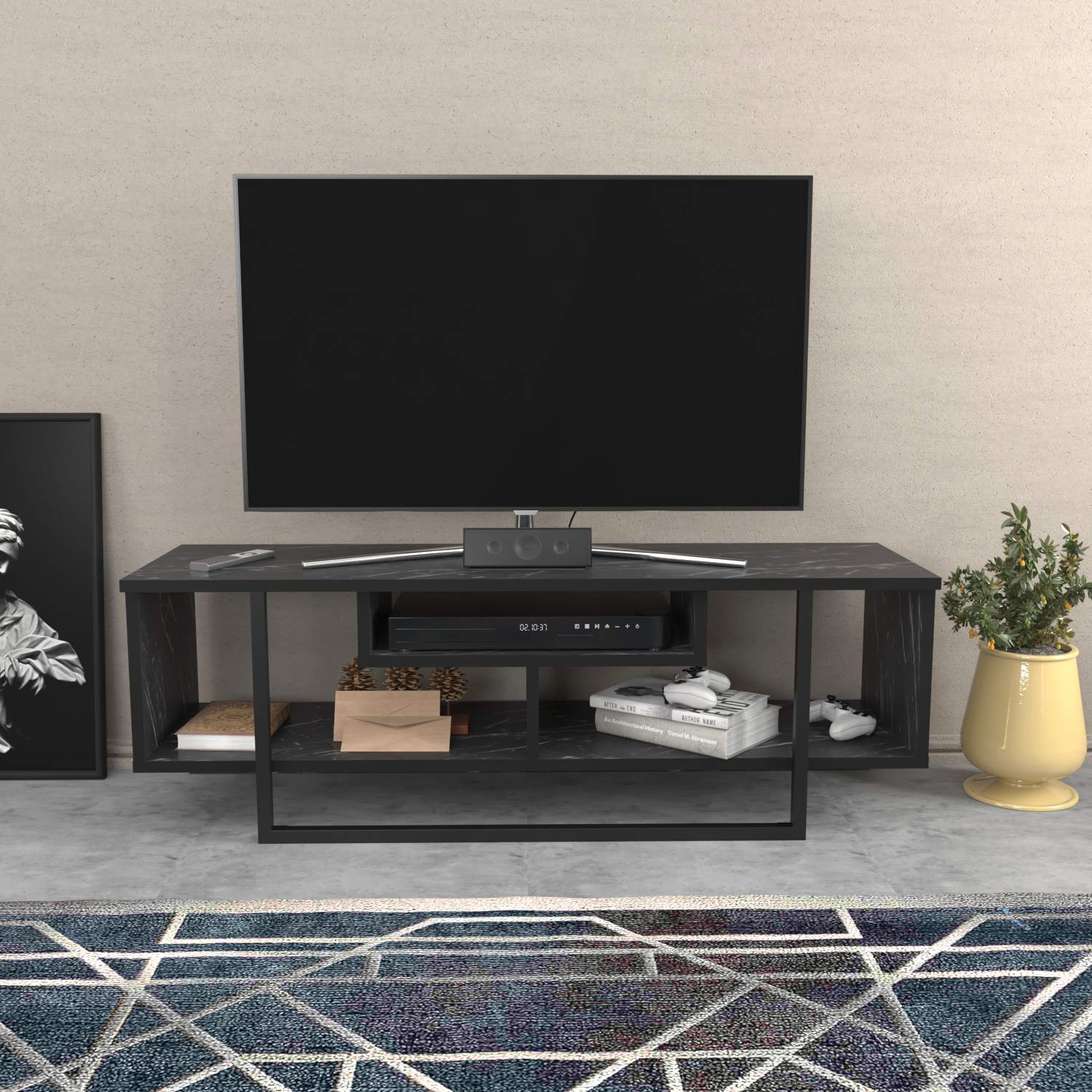 Asal TV Unit - Black and Black Marble Effect / 47in / 35.2cm / 402.00cm