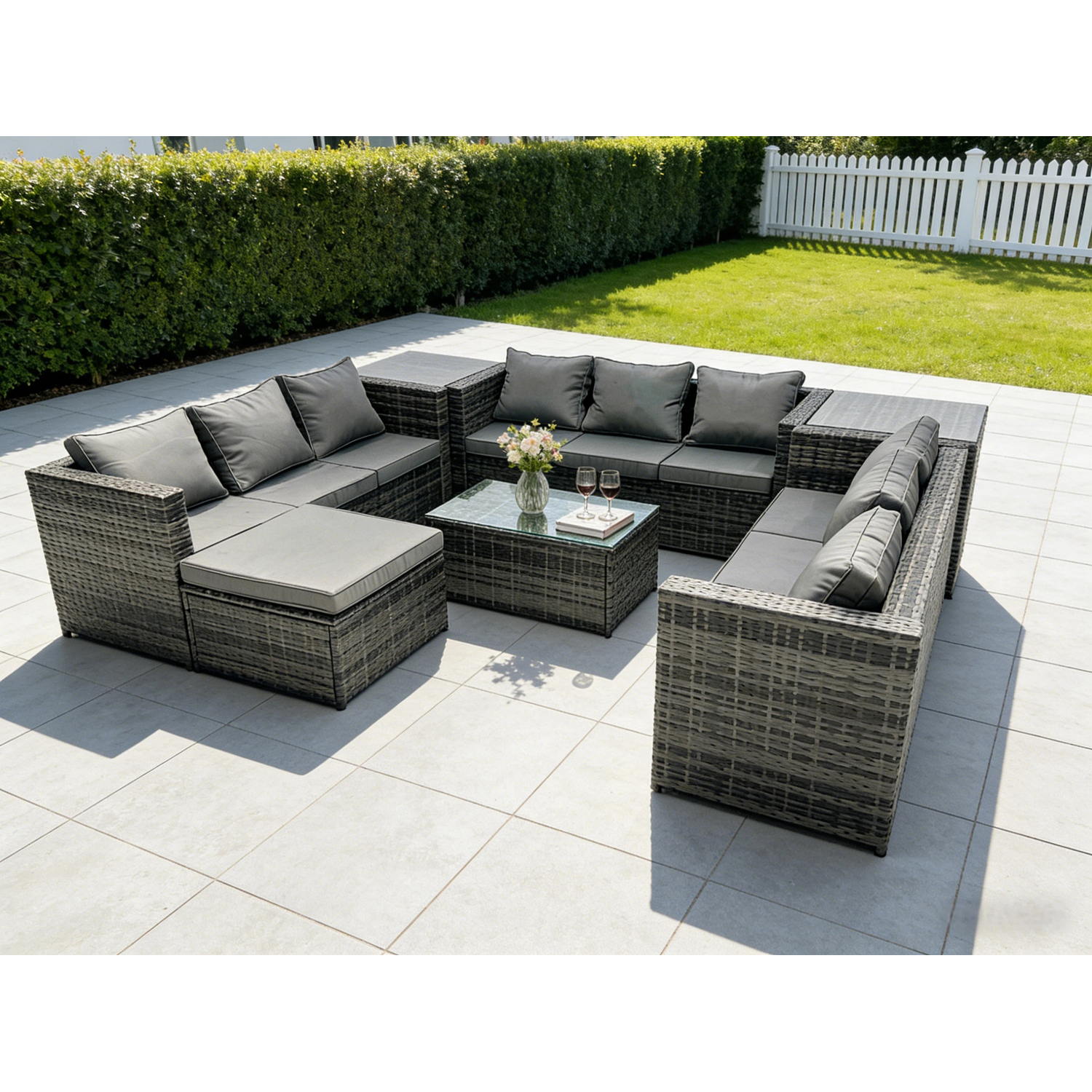 Fimous Rattan Corner Sofa Set Coffee Table Lounge 10 Seater