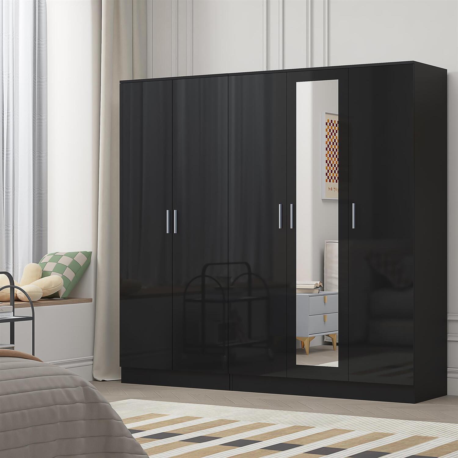 REFLECT Wardrobe Bundle: Mirror 3 Door + 2 Door Plain - Black/Black - Image 7