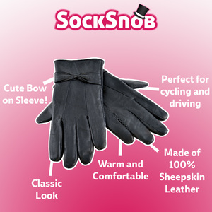 Ladies Fleece Lined Warm Leather Gloves with Bow