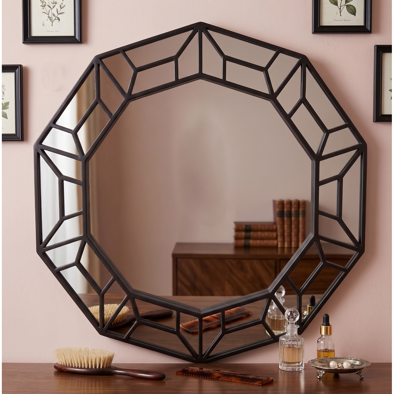 Deenz Decagonal Wall Mirror Black Plastic Geometric Frame 61X57x2cm - Blacky