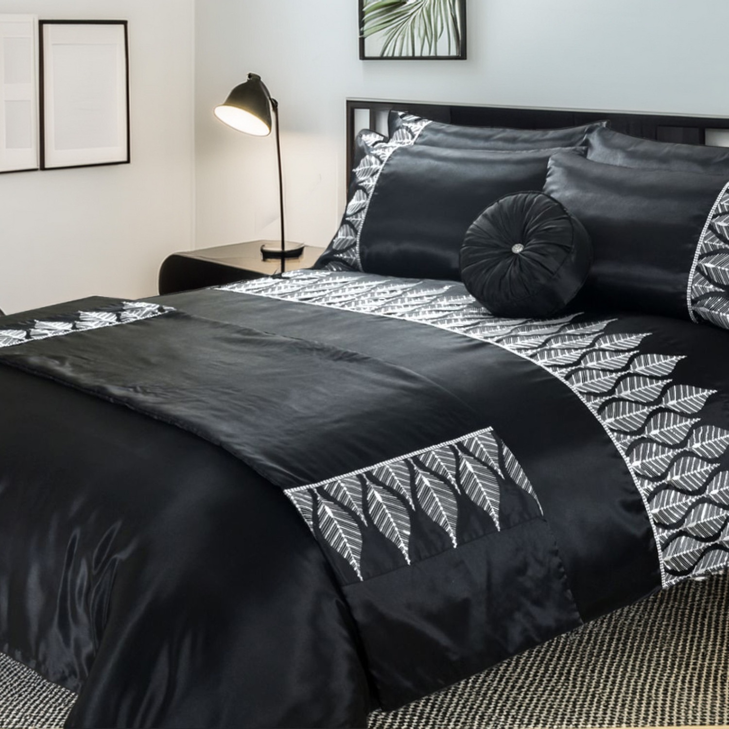 Duvet Cover And Pillowcase Set Black And Silver Sequence Luxury Design Polyester Bed Linen - Black / Single