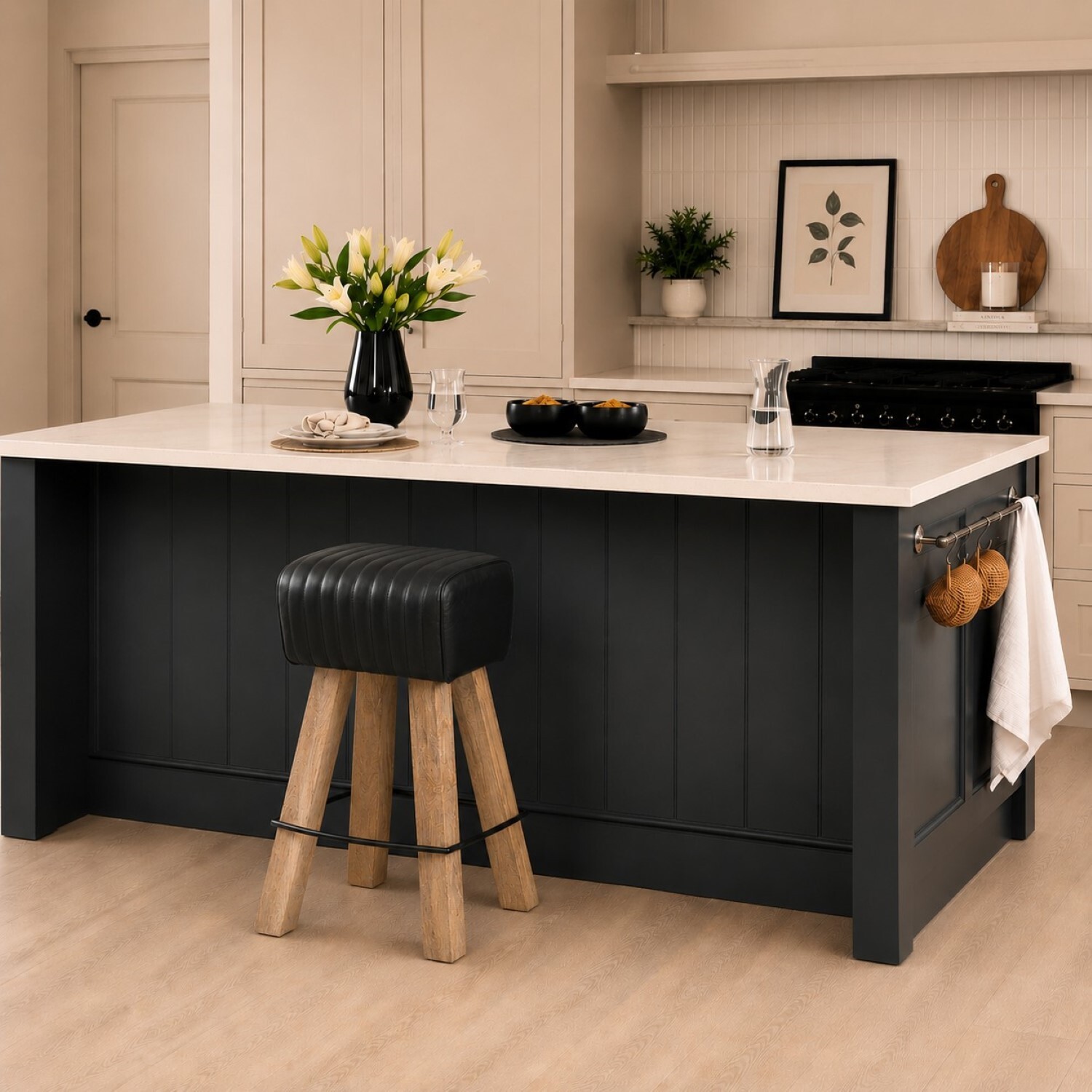 Elm Home And Garden Industrial Bar Stool With Genuine Black Leather Seat - Black
