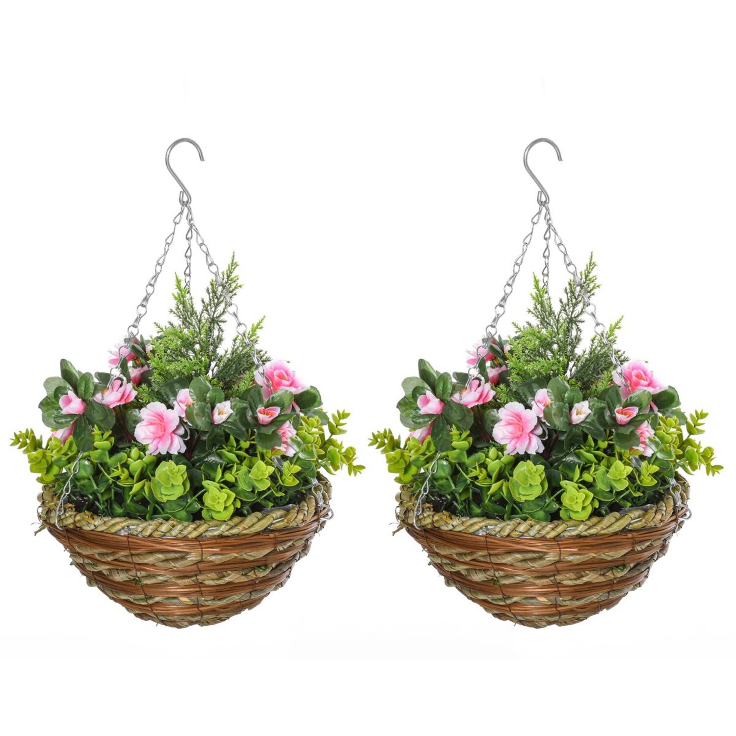 Artificial Hanging Flower Pot Set Outdoor Indoor Decor - Pink