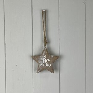Grey Ho Ho Ho Wooden Hanging Star