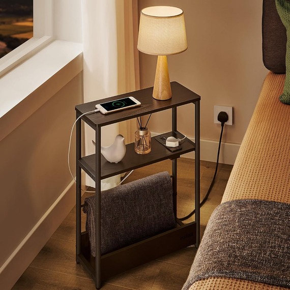 VASAGLE 3-Tier Slim Side Table with Charging Station, End Table