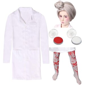 Girls Evil Dentist Costume Halloween White Lab Coat Grey Wig Red Face Paint Blood Tights Set