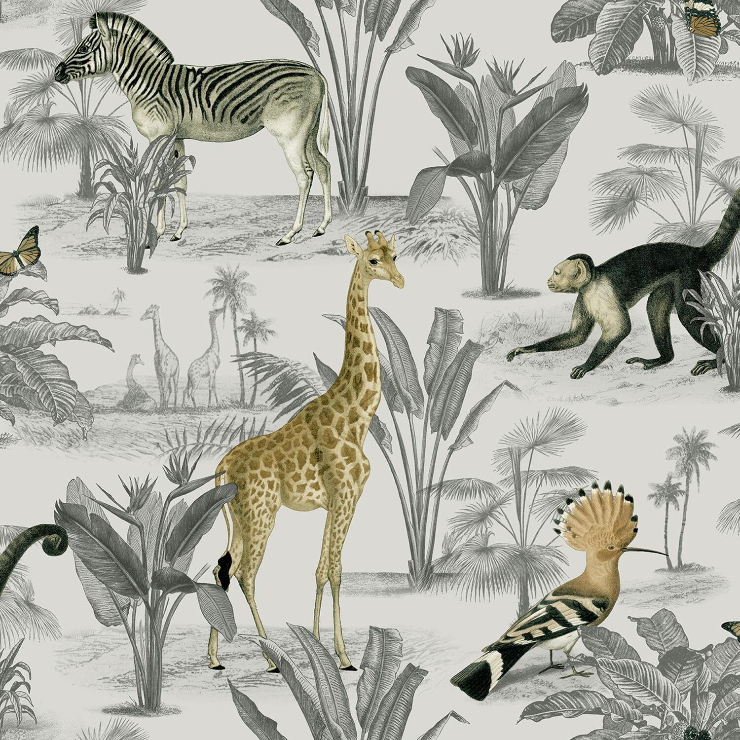 B&Q - Off White Grey Safari Wallpaper Jungle Theme Animals Leaf Slightly Textured Feature Wall - Image 2