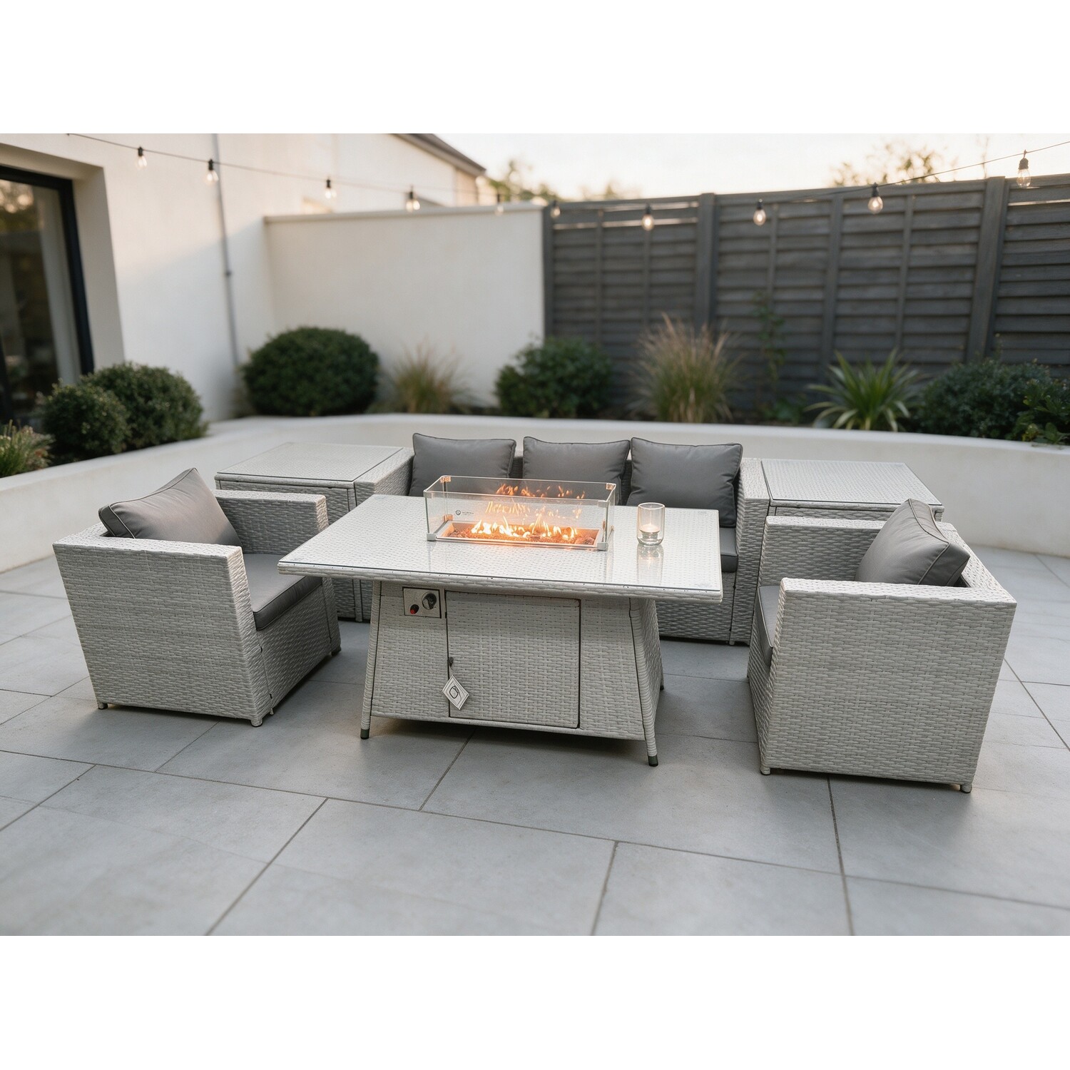 Fimous Light/Grey Corner Rattan Garden Furniture Set Gas Fire Pit Heater Burner Lounge Sofa With 2 Side Coffee Table And Armchairs - Image 2