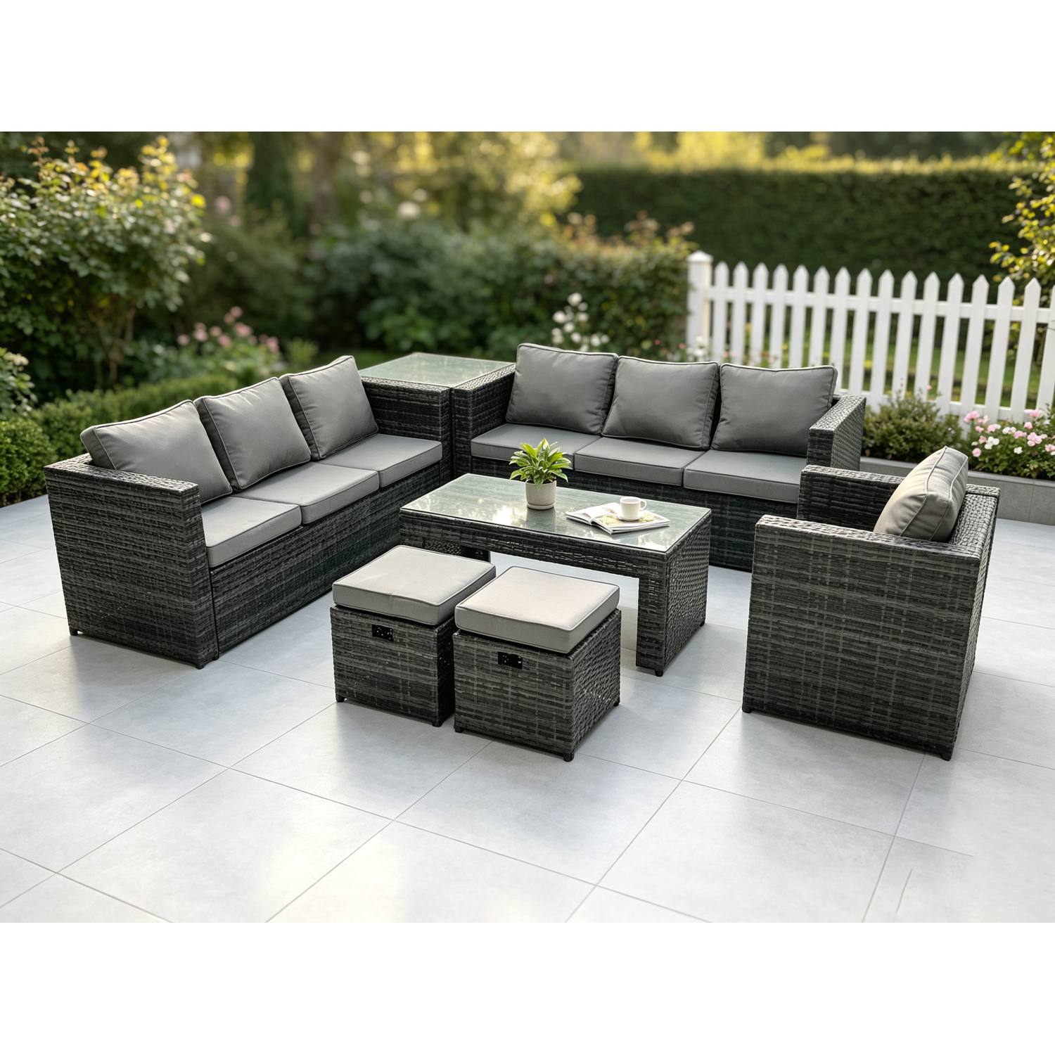 Rackhams Dark/Grey Outdoor Rattan Garden Furniture Lounge Sofa Set With Oblong Rectagular Coffee Table Arm Chair Side Coffee Table 2 Stools - Image 2