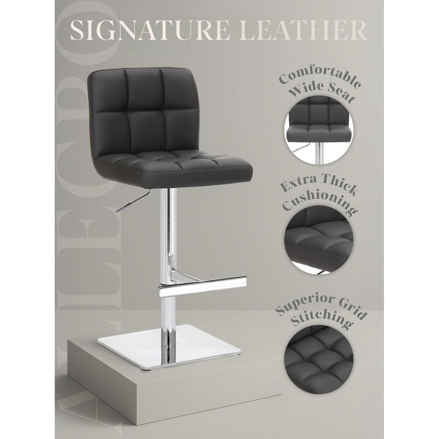 Lamboro Grey Deluxe Allegro Real Leather Kitchen Bar Stool With Adjustable Height & Weighted Base, Charcoal - Image 3