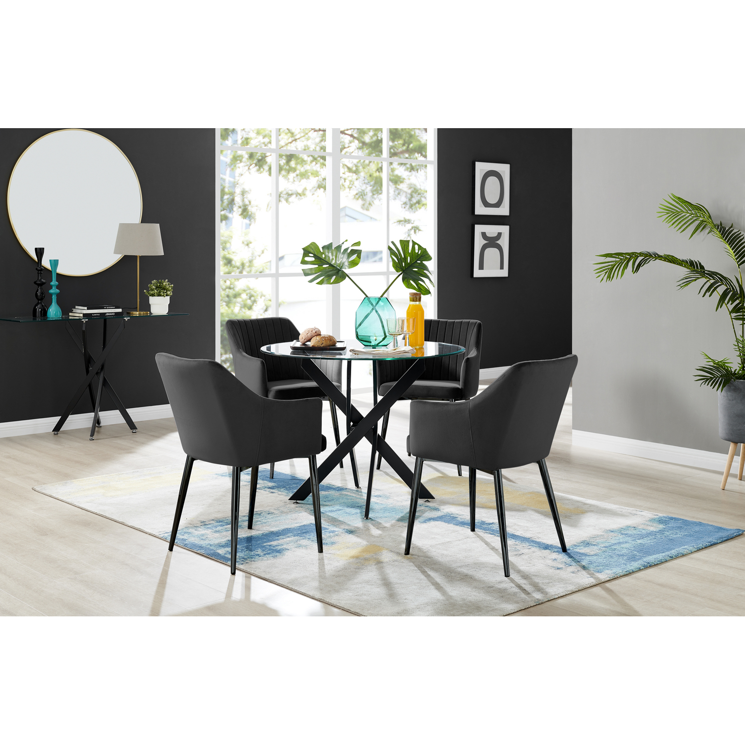 Furnitureboxuk Novara Black Leg Round Glass Dining Table With 4 Calla Black Leg Chairs - Black