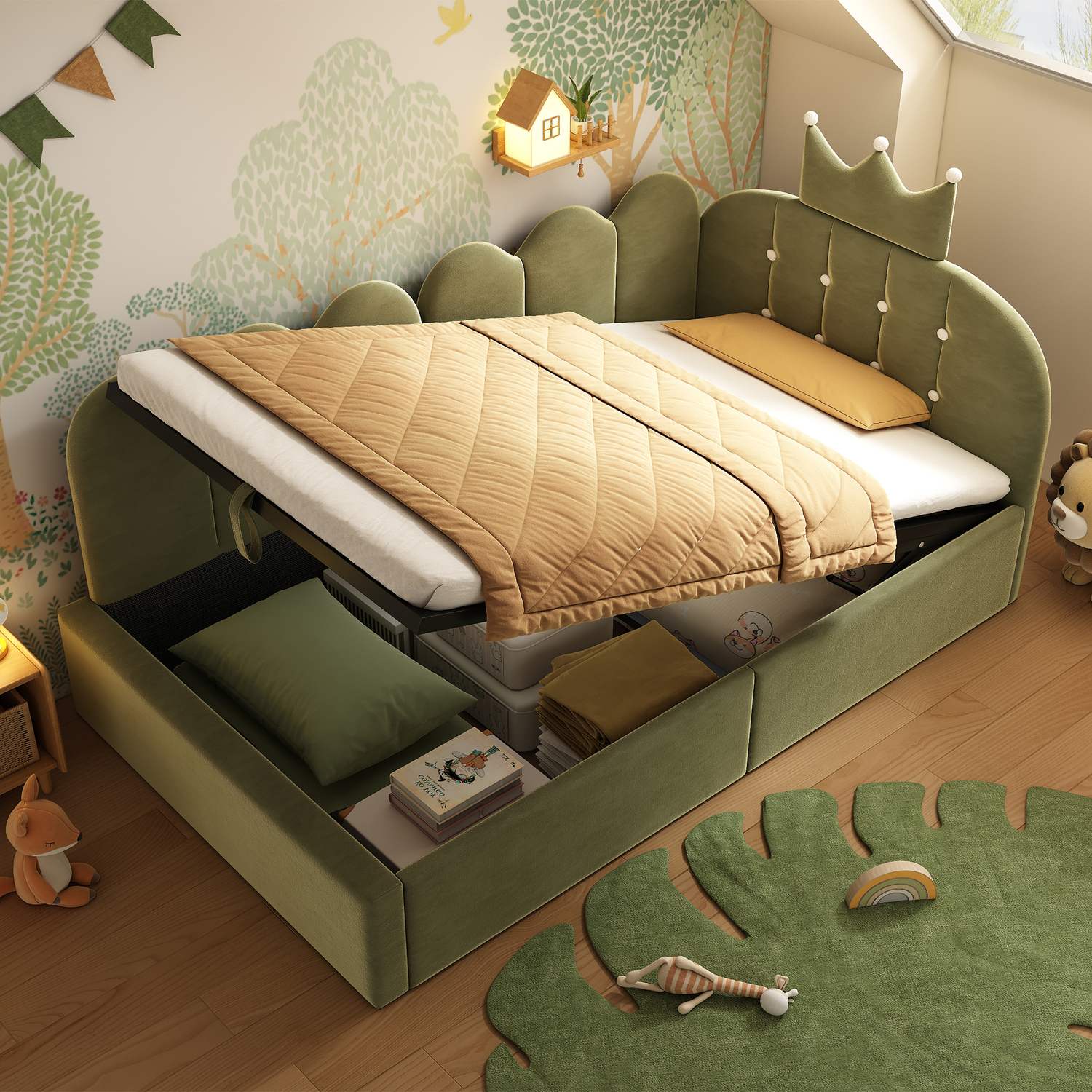 Aka Single Velvet Crown Daybed With Hydraulic Storage, Green - Green