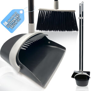 Long Handled Dustpan and Brush Set Upright Sweeping Broom with Built-In Bristle Cleaner - Grey