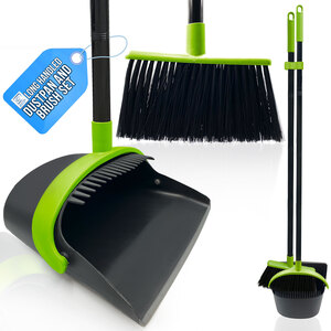 Long Handled Dustpan and Brush Set Upright Sweeping Broom with Built-In Bristle Cleaner - Green