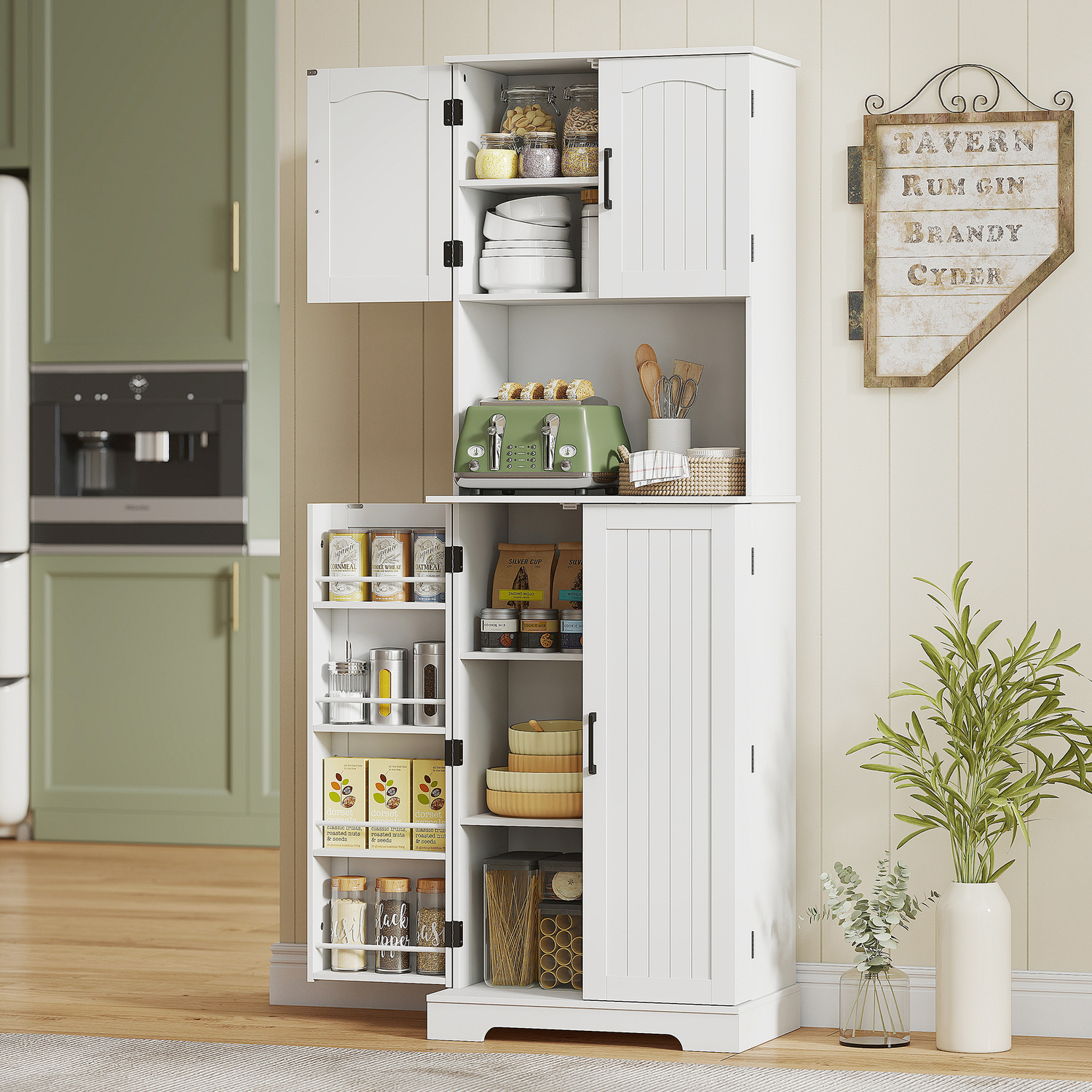Homcom Kitchen Storage Cabinet With Doors And Open Storage Shelf, White - White