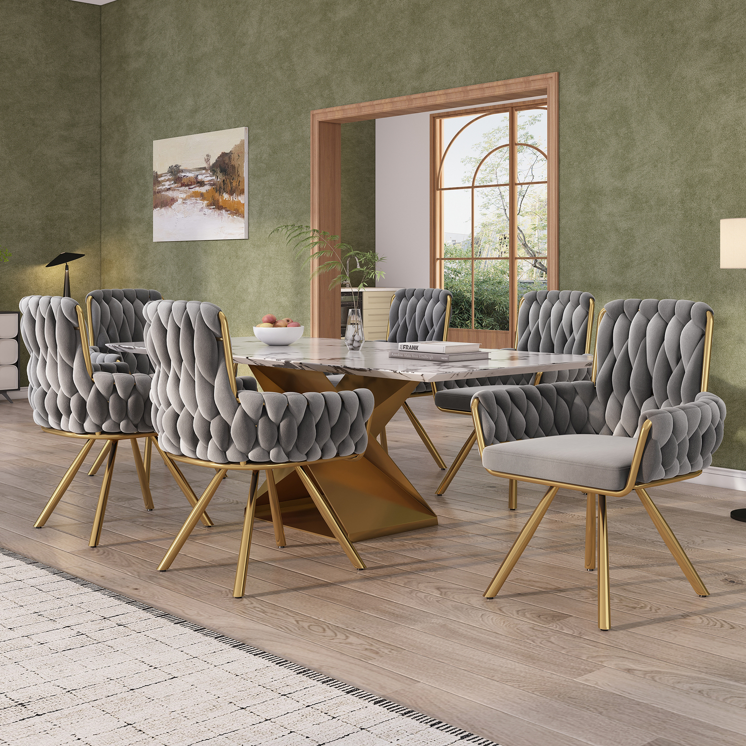 Aka Velvet Dining Chair, Luxurious Swivel Chair With Four Metal Legs, Grey, Set Of 6 - Grey