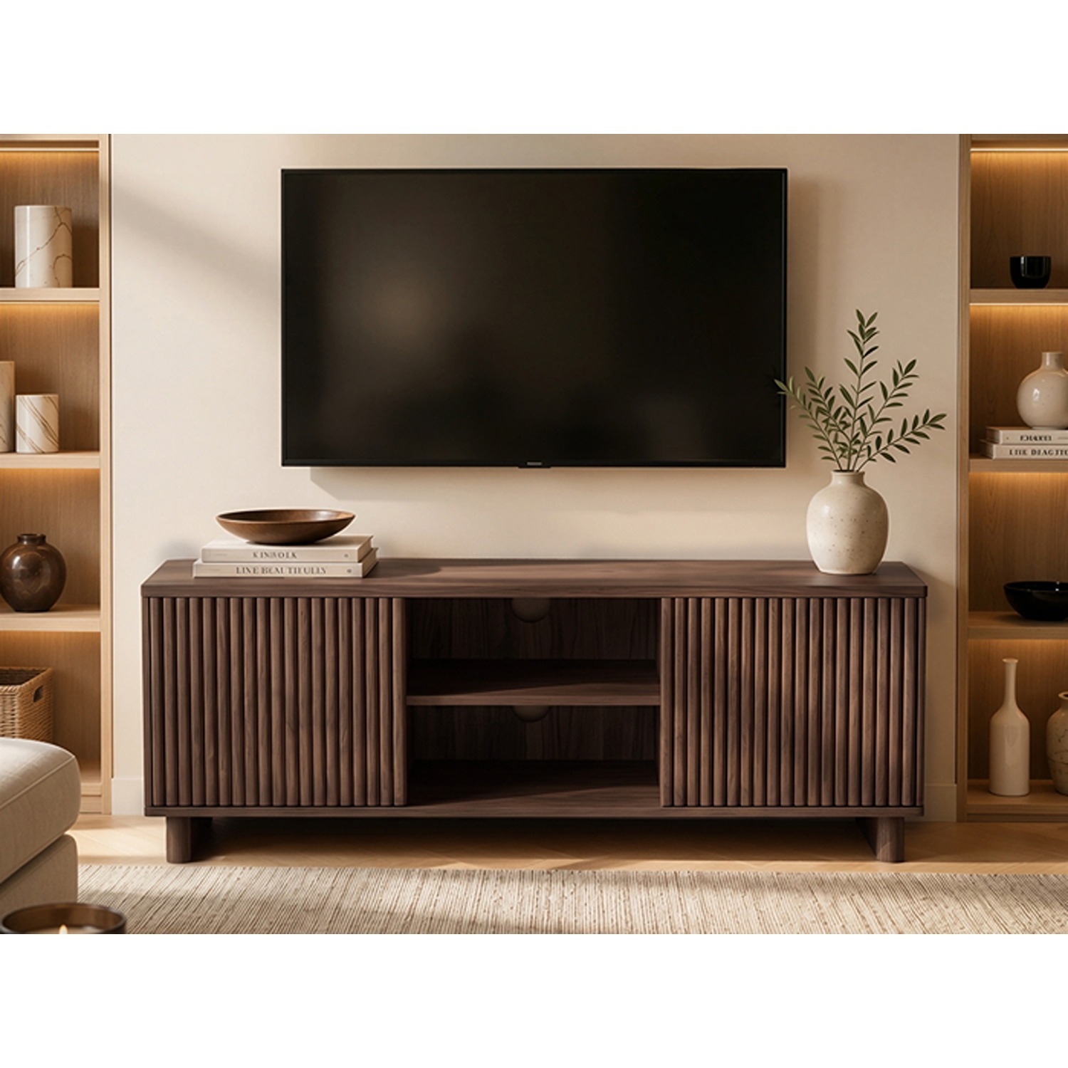 Solace+Co Velmor 120Cm Ribbed Tv Unit With Storage - Walnut