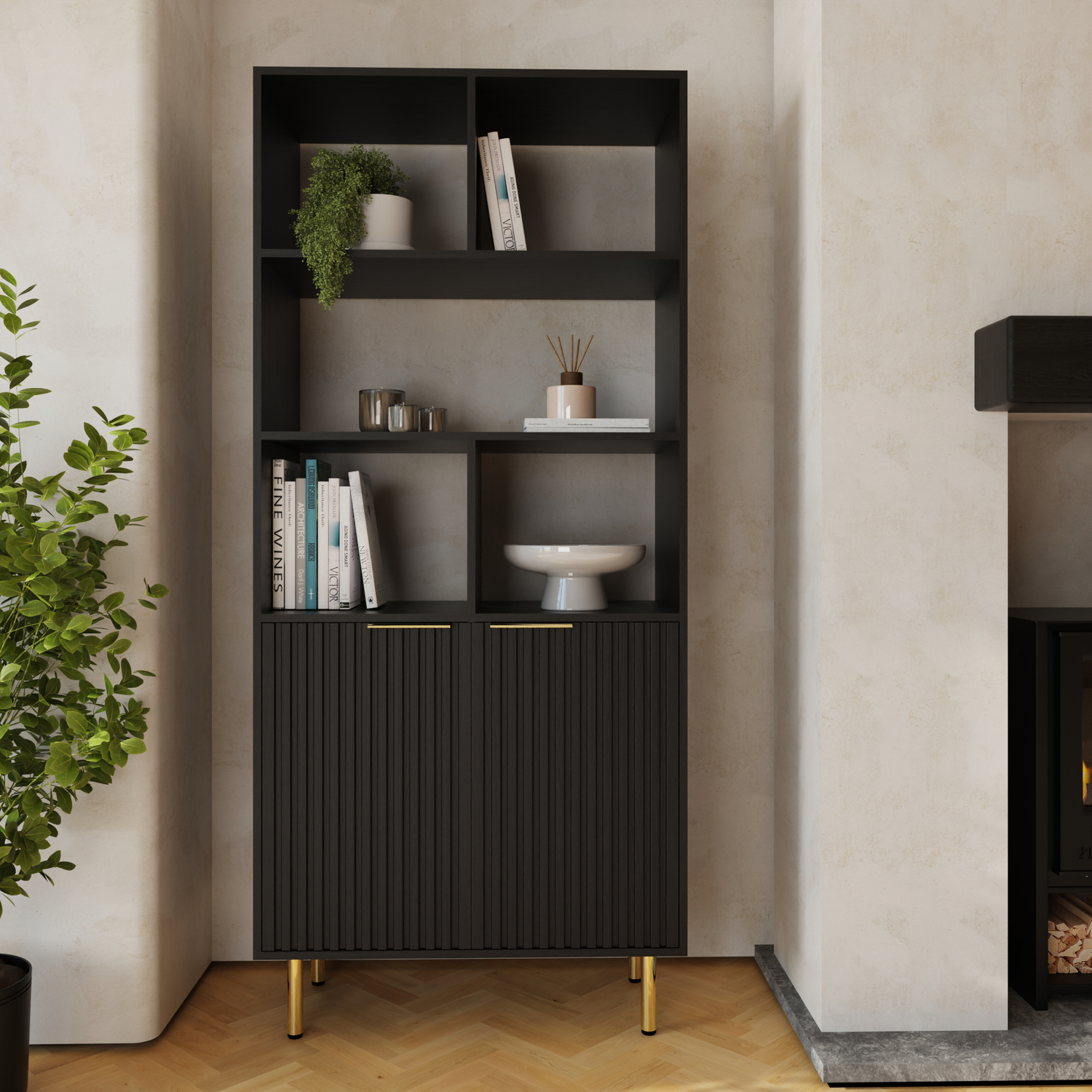 GFW - Shelving Unit - Black and Gold - Asymmetric Design - 2 Door - Image 4