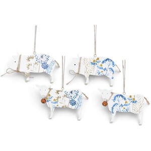 Set of Four Wooden Floral Farmyard Animal Pig and Cow Decorations
