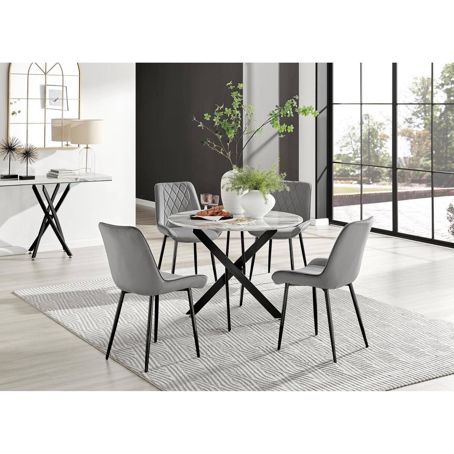 Furniturebox Uk Novara White Marble Black Leg Round Dining Table & 4 Pesaro Black Leg Chairs - Grey