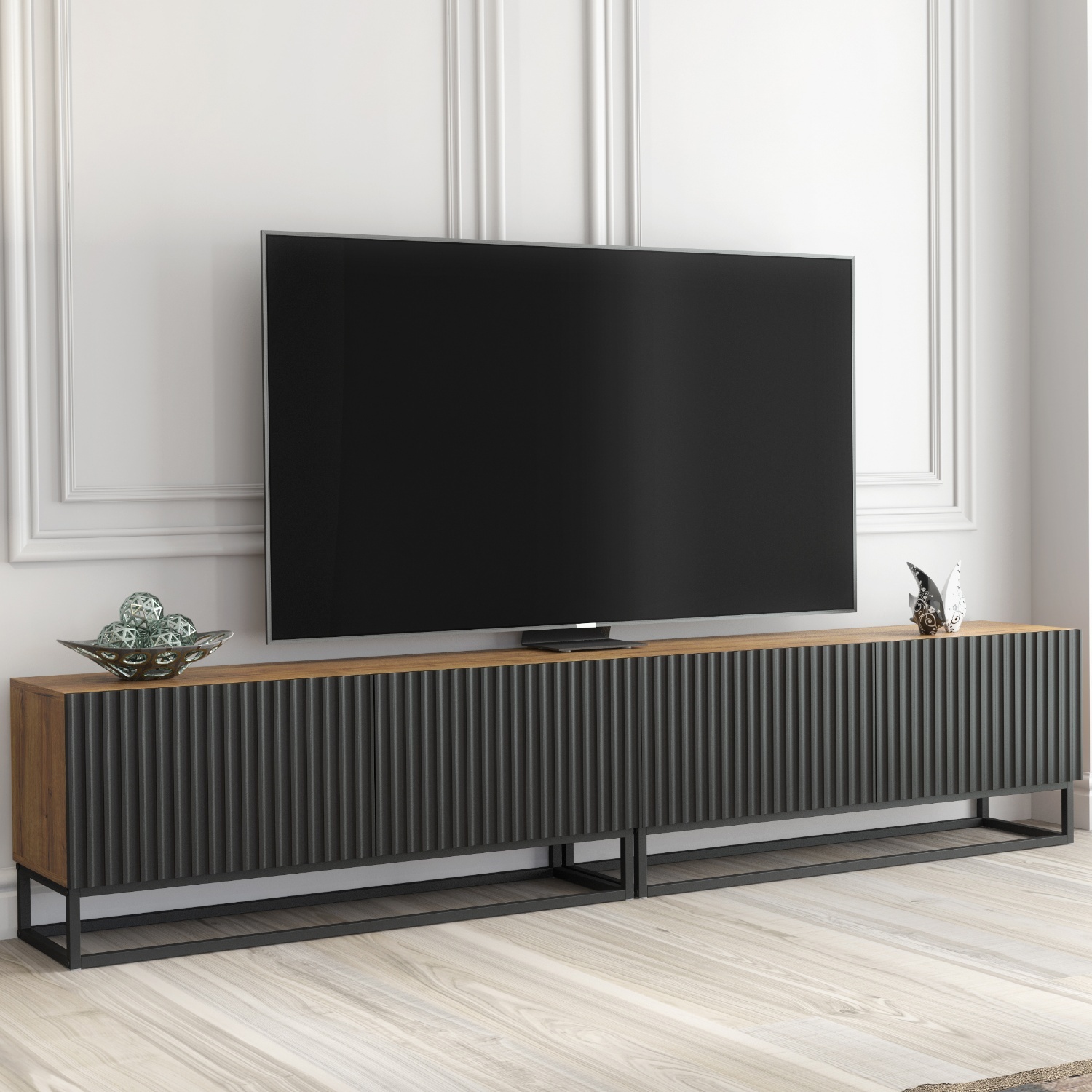 Mex Furniture Ltd Ripple Duo Tv Unit B - Dark Oak With Black Fluted Doors
