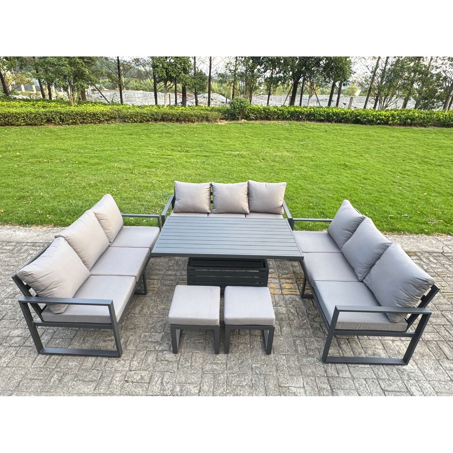Fimous Dark/Grey 11 Seater Aluminium Garden Furniture Set With Adjustable Rising Dining Table, 2 Footstools - Image 2