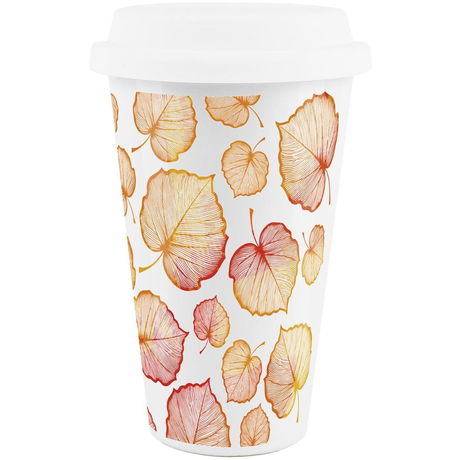 B&Q - Delicate Autumn Leaves Ceramic Travel MugOrange/red Foliage Reusable Silicone Lid Double-Walled Insulated Drinks Gift Mug - Image 2