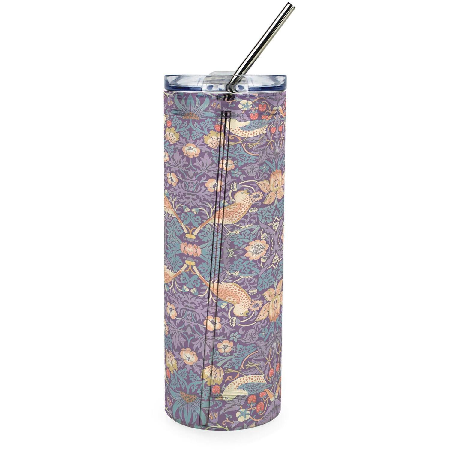 B&Q - Purple Strawberry Thief Glass Travel FlaskWilliam Morris Artwork GiftsDrinks Cup With Metal Straw - Image 2
