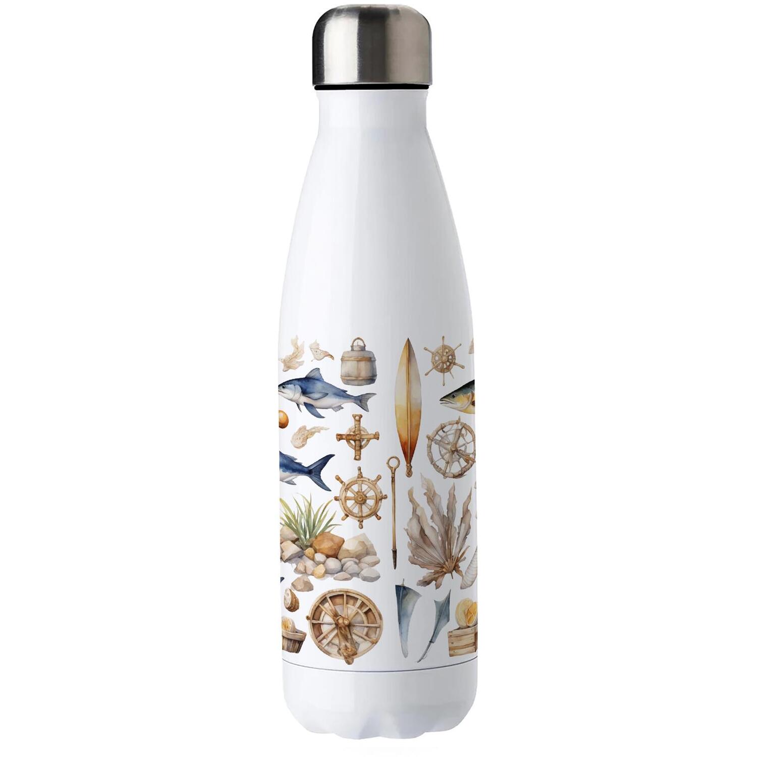 B&Q - Seaside Maritime Stainless Steel Water BottleAquatic Sailing Fishing GiftDouble Walled 500Ml Metal Hot/cold Drinks Bottle - Image 2