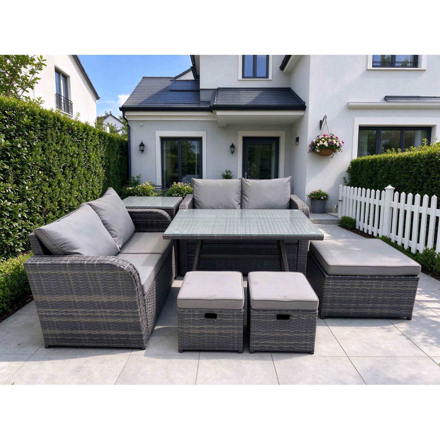 Fimous Dark/Grey 7-Piece Rattan Garden Furniture Set - Mixed Wicker Patio Sofa Conversation Set With 3 Footstools & Side Table - Image 2