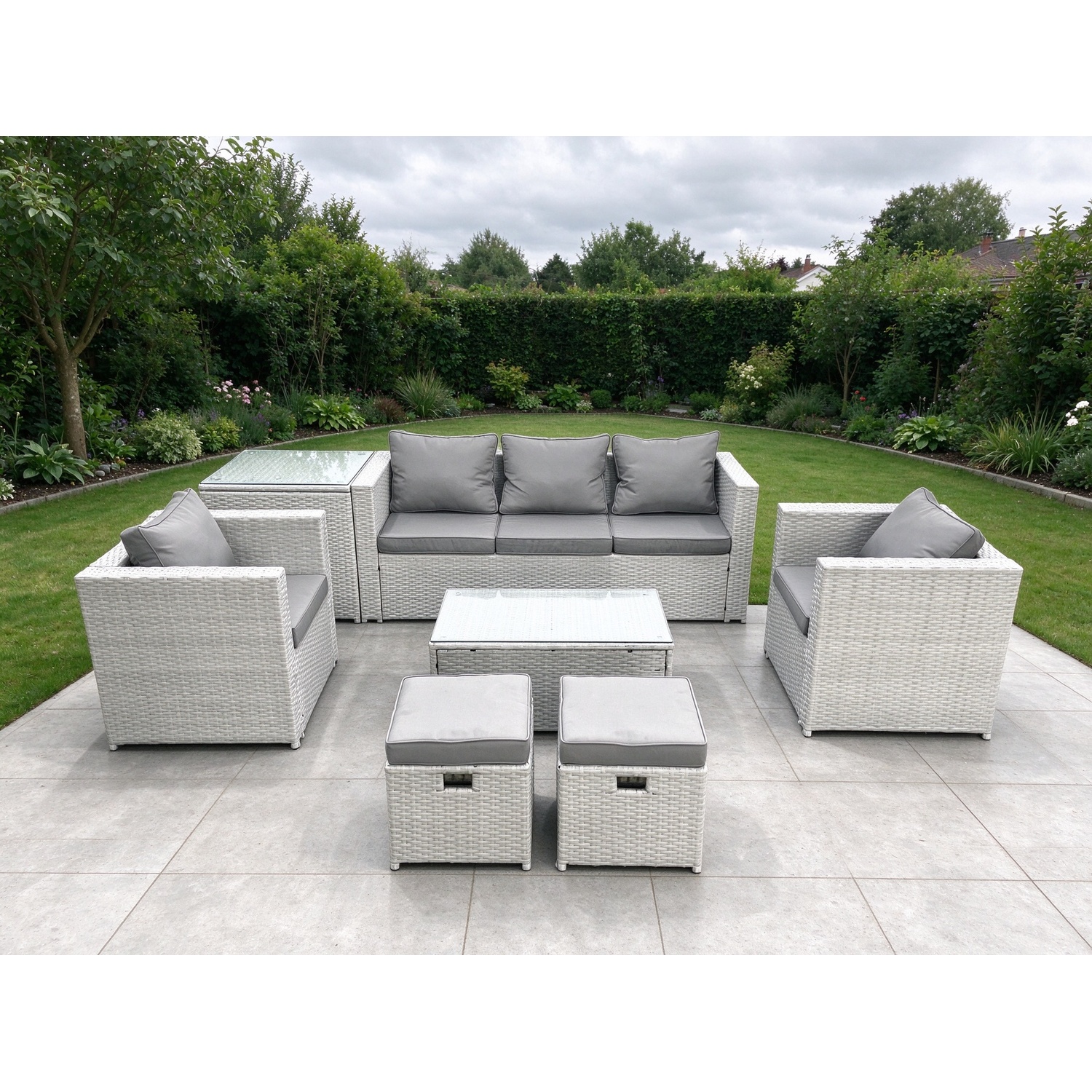 Fimous 7 Seater Rattan Garden Furniture Set With 3 Seater Sofa 2 Chair Rectangular Coffee Table 2 Small Footstools Side Table - Image 3