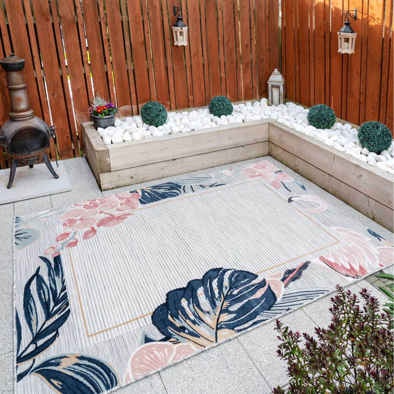 The Rug House - Stone Multicolour Tropical Border Textured Flatweave Indoor Outdoor Rug - Stone / 290 x 192cm thumbnail