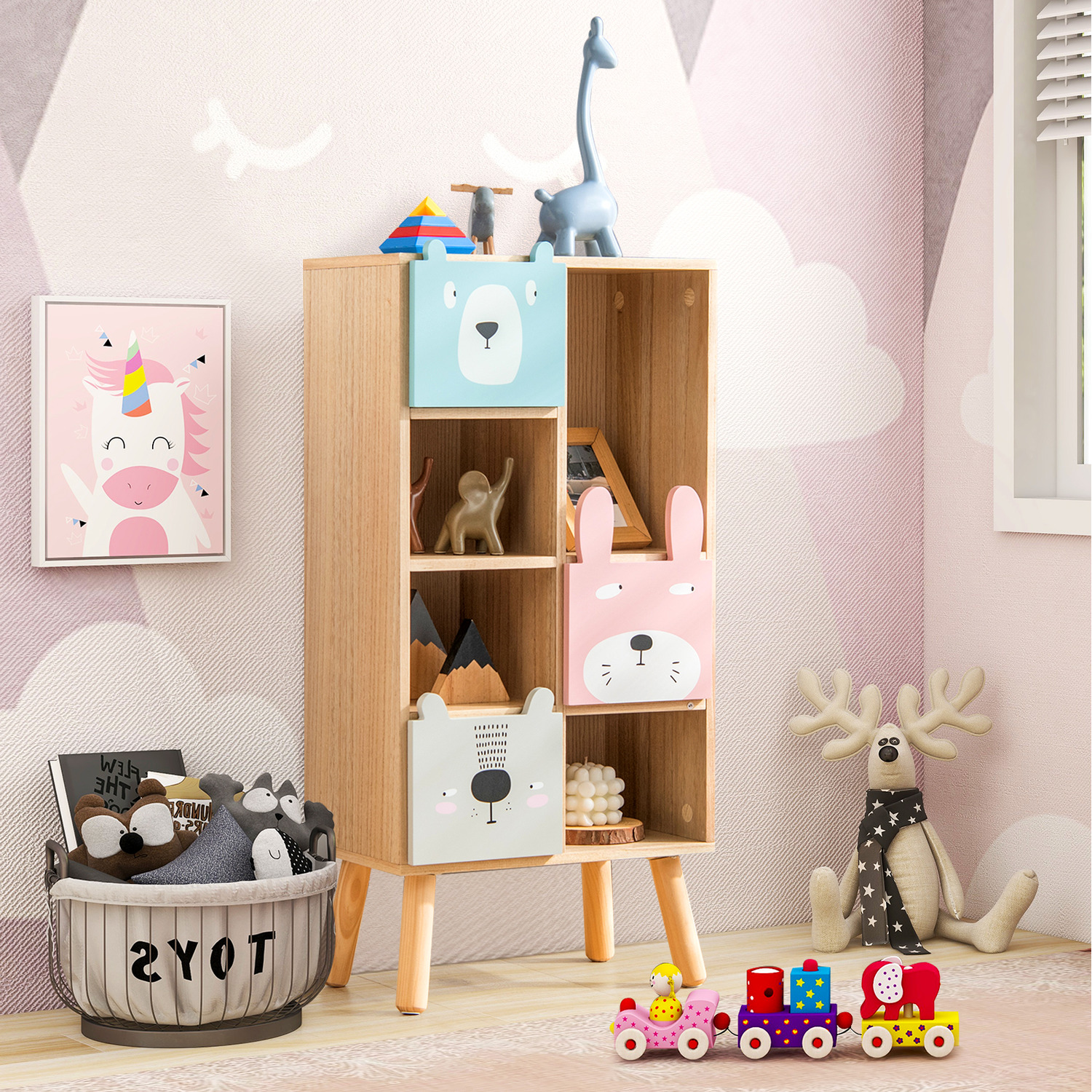 Costway Kids Bookcase Children Toy Storage Organizer Cabinet - Natural