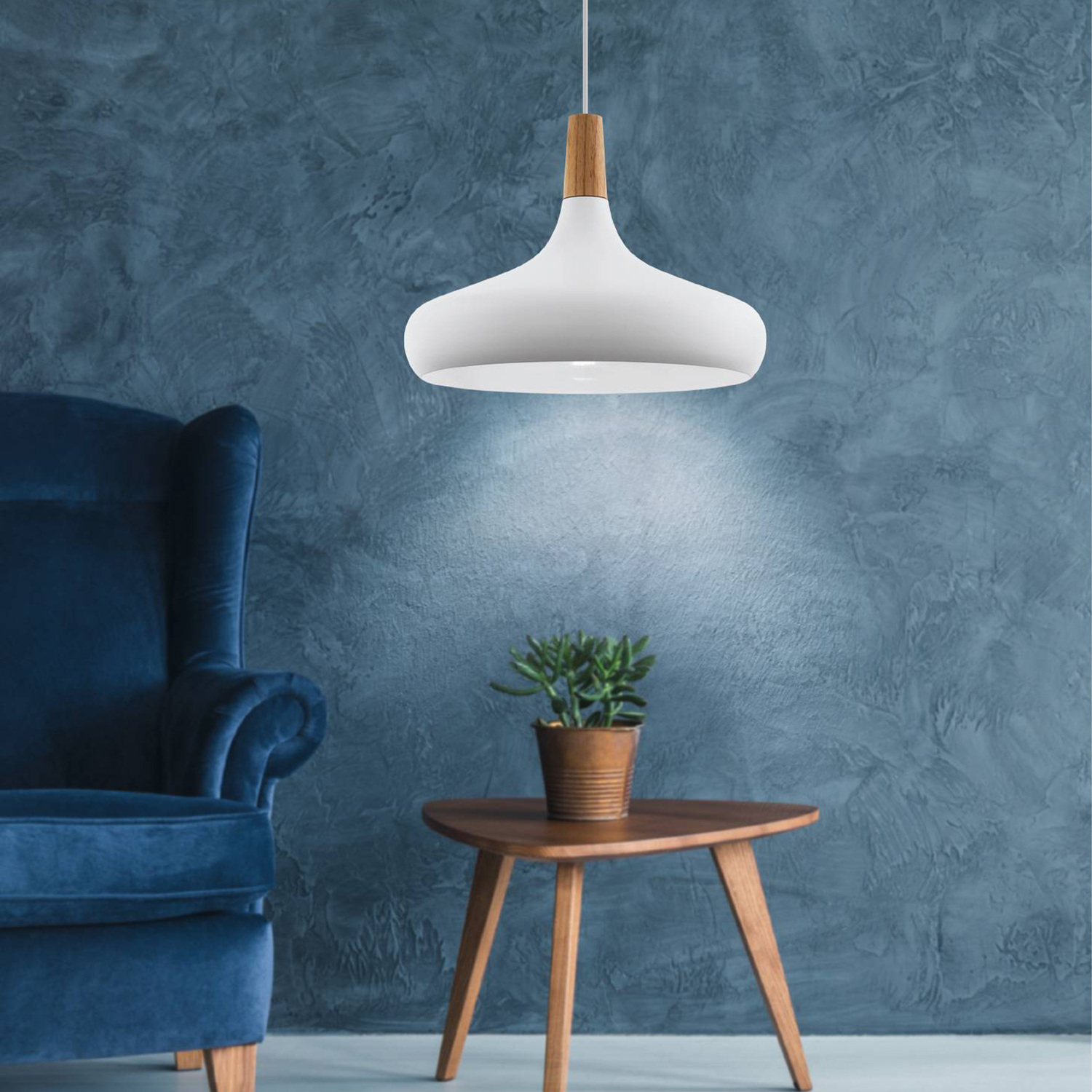 Eglo Sabinar Single Pendant Light - White Metal With Wooden Accents - White Steel