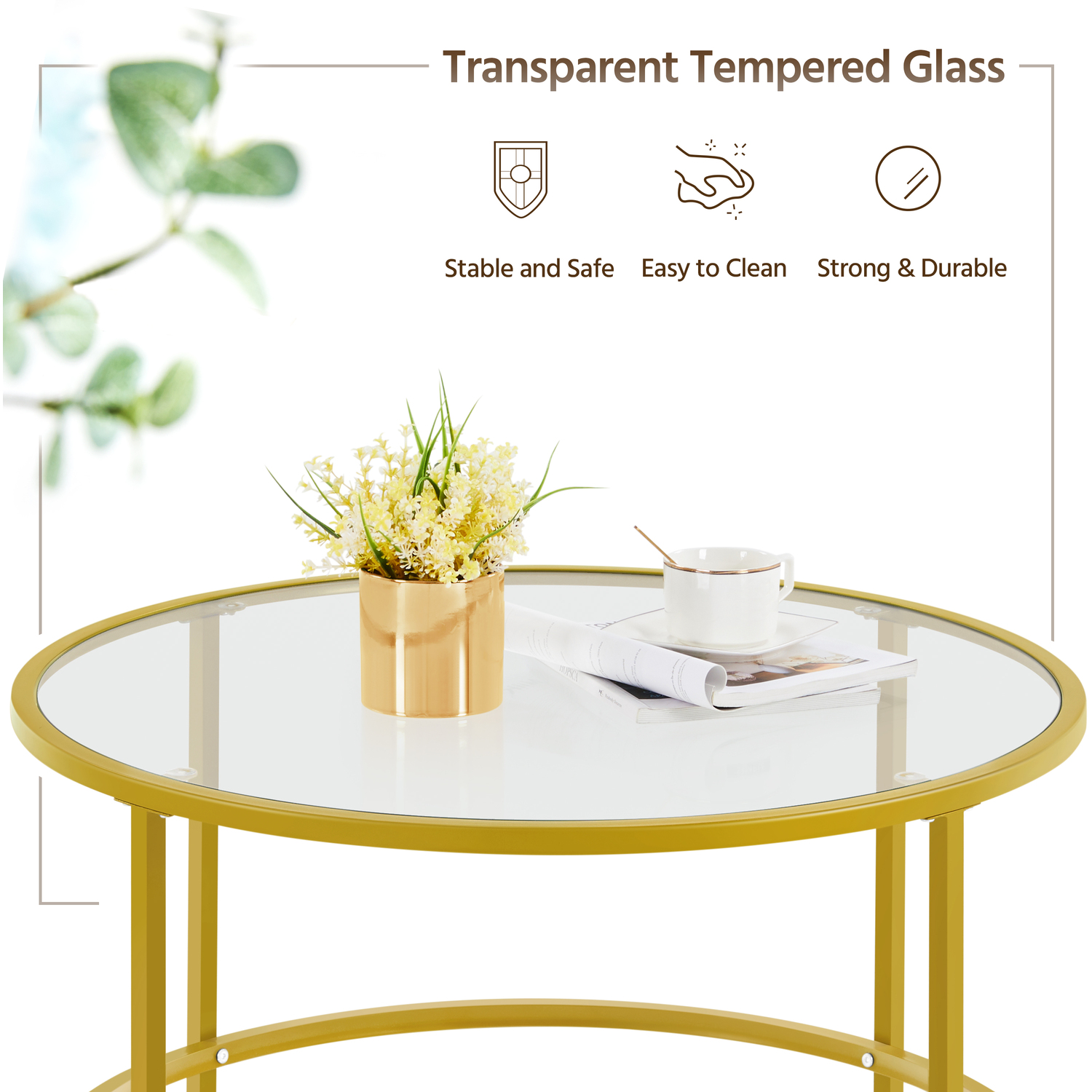 Tempered Glass Round Coffee Table - Mustard Gold