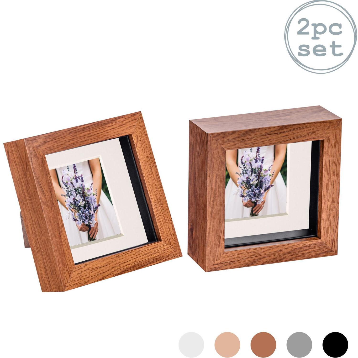 3D Box Photo Frame - 4 x 4" with 2 x 2" Mount - Pack of 2 - Dark Wood/Ivory