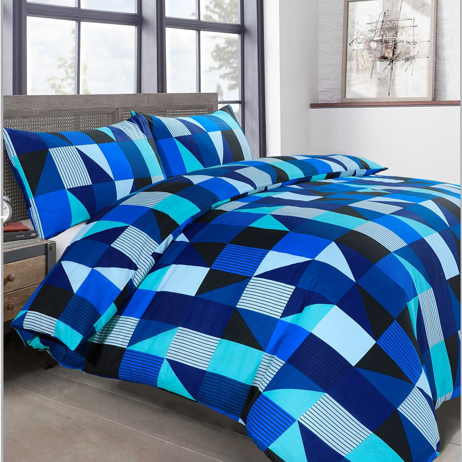 thumbnail image 2 of Blue Black And Grey Bedding Set Geometric Artistic Smear Fitted Sheet 2 of 11
