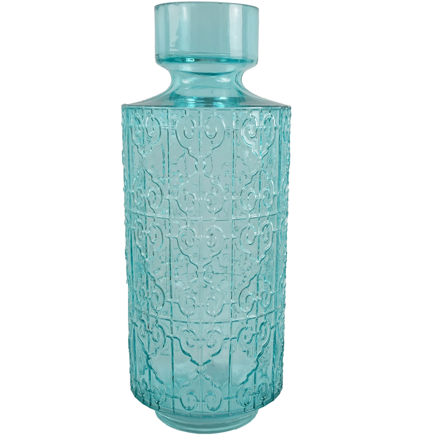 Tall Turquoise Glass Vase - Turquoise Patterned
