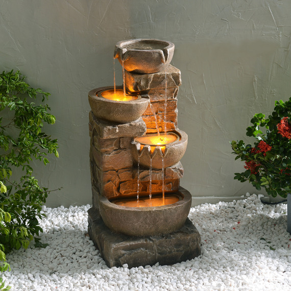 Outdoor Water Feature, 4 Tier Cascading Bowl Design, With LED Lights