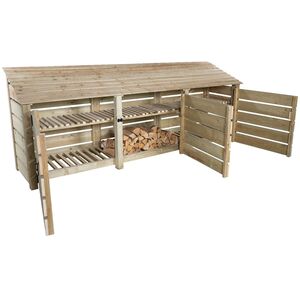 Slatted Triple Bay Wooden Log Store With Door And Kindling Shelf