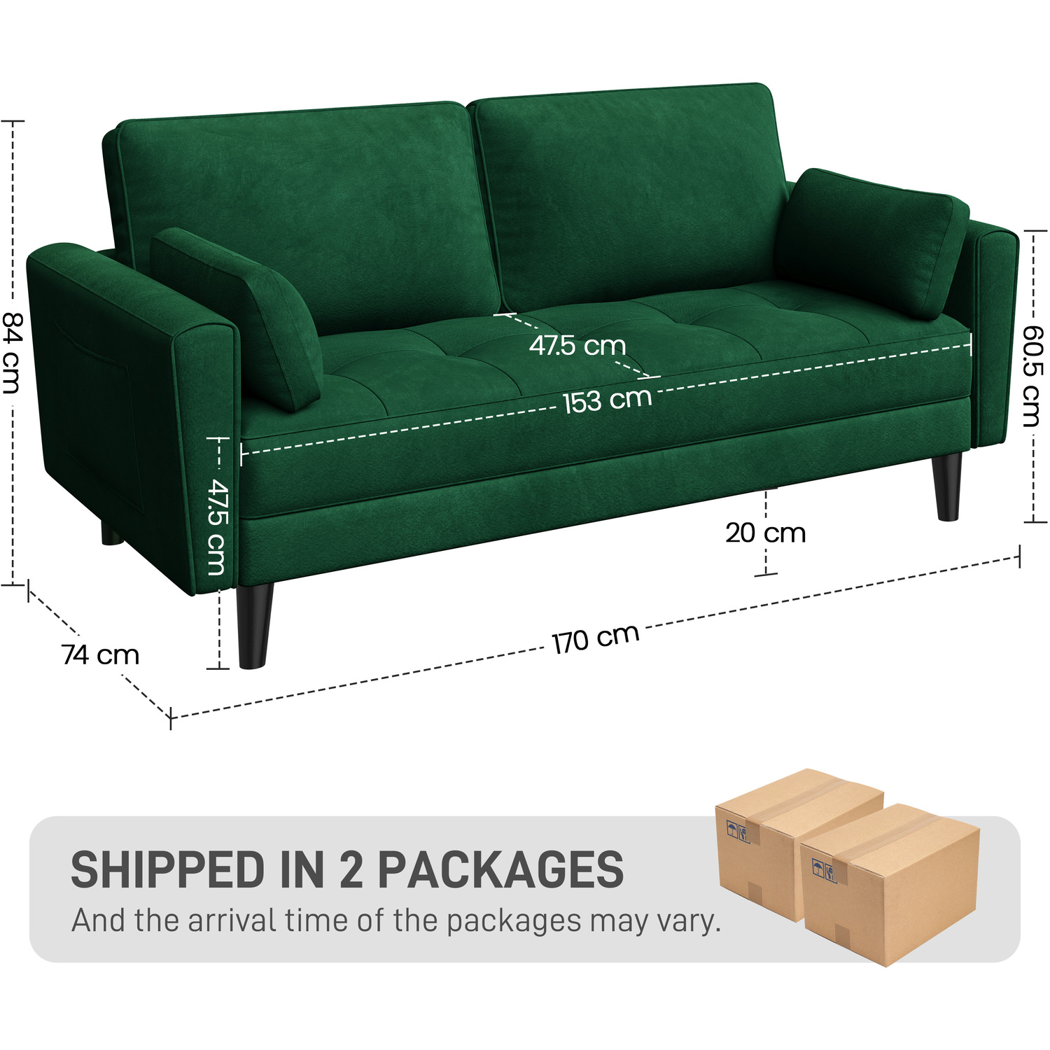 2 Seater Upholstered Sofa Couch With 2 Pillows - Green